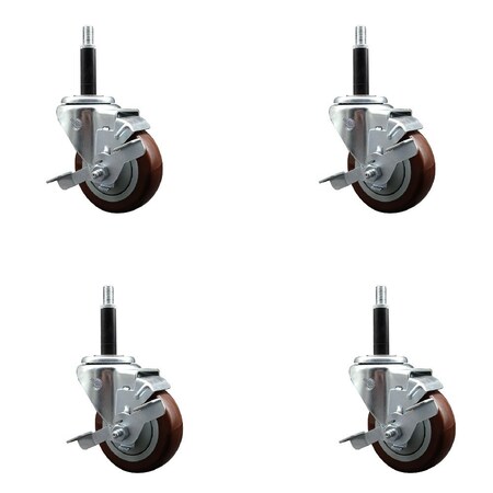 Service Caster 3.5'' Maroon Poly Swivel 3/4'' Expanding Stem Caster Set with Brake, 4PK SCC-EX20S3514-PPUB-MRN-TLB-34-4